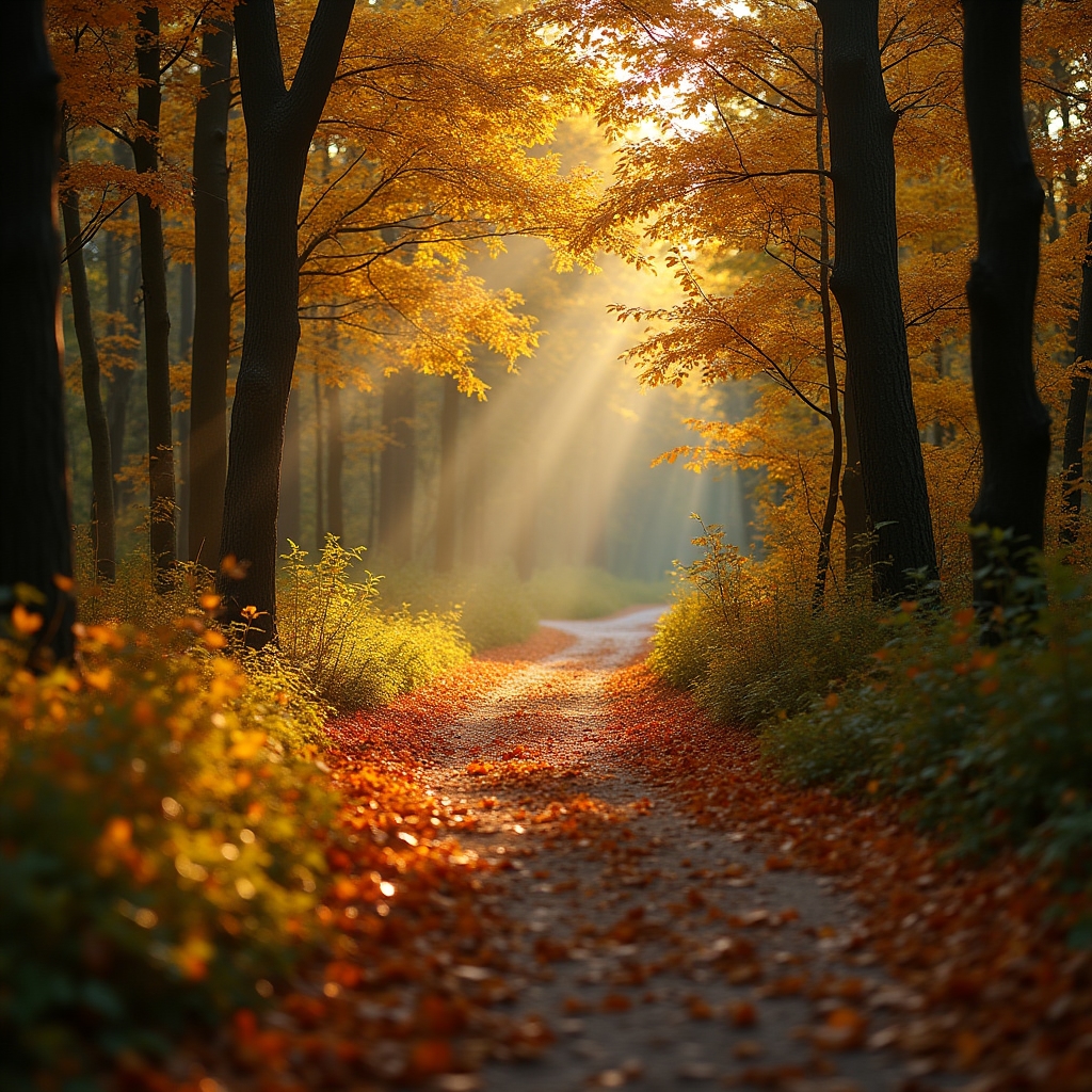 Autumn forest trail near a Polish city at golden hour