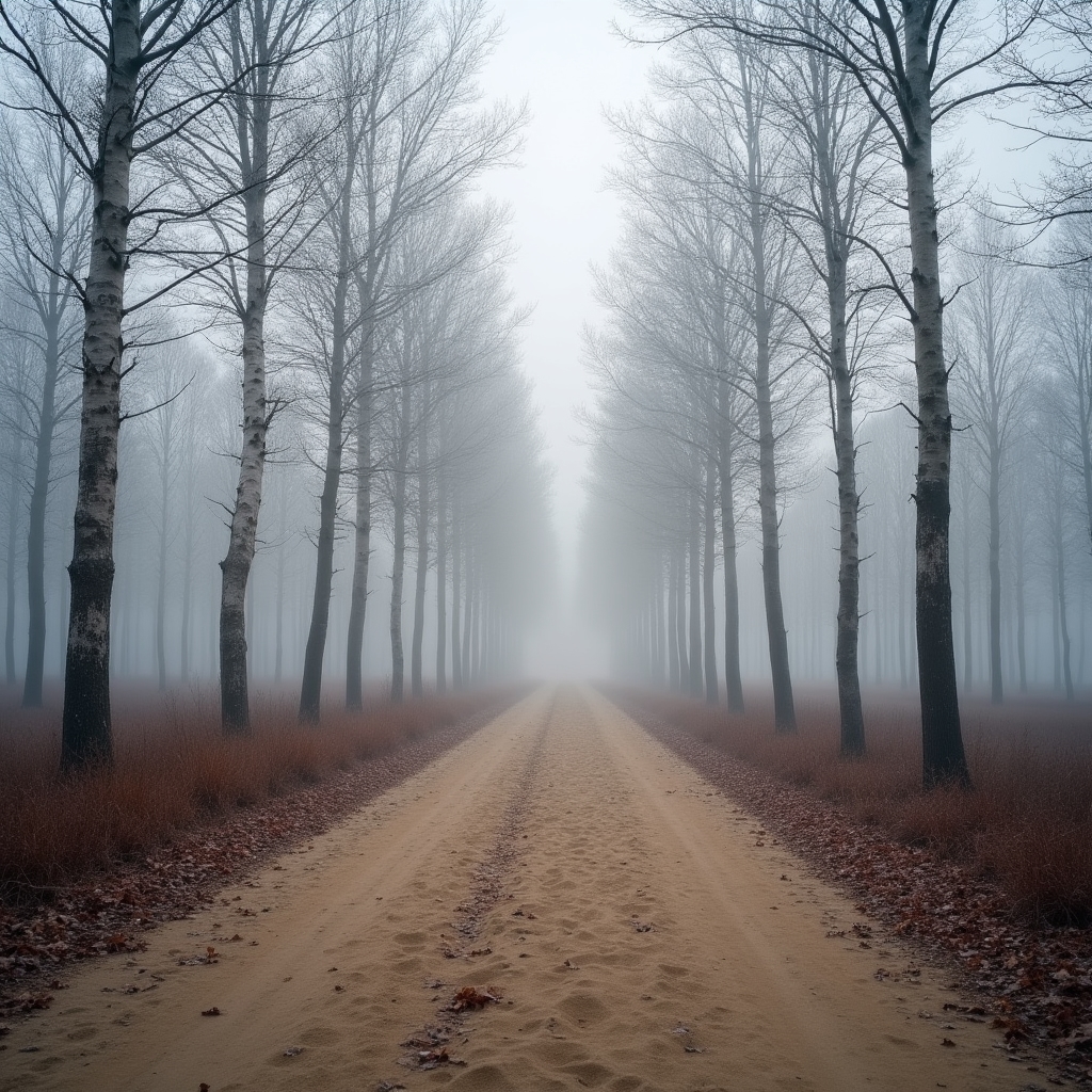 Misty morning in Kampinos Forest in November with bare trees and soft grey light