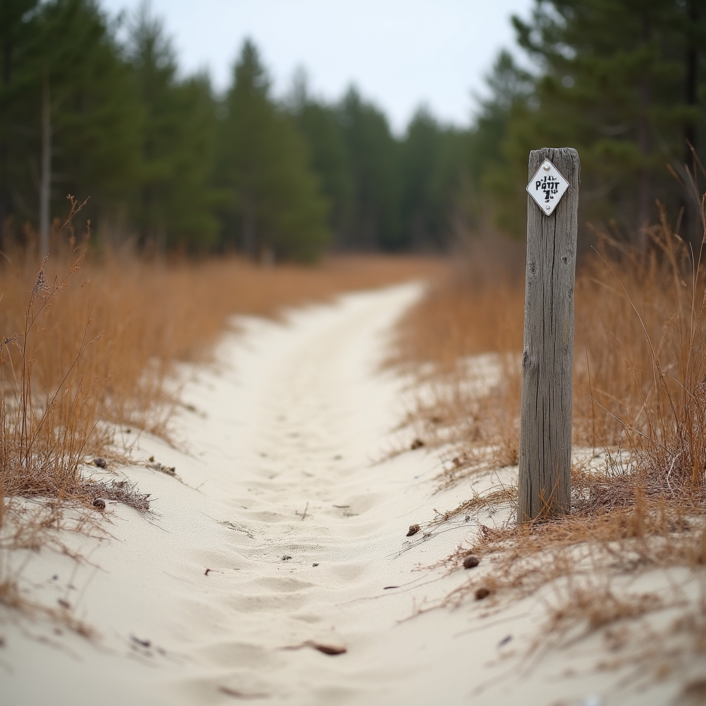 Sandy dune path through pine forest in Kampinos National Park on an overcast day