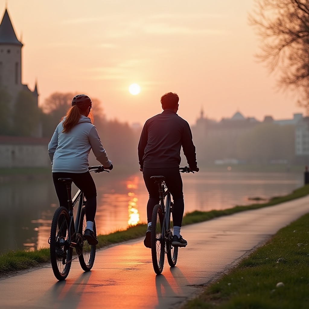 Cyclists on a riverside bike trail near Kraków with castle visible in background