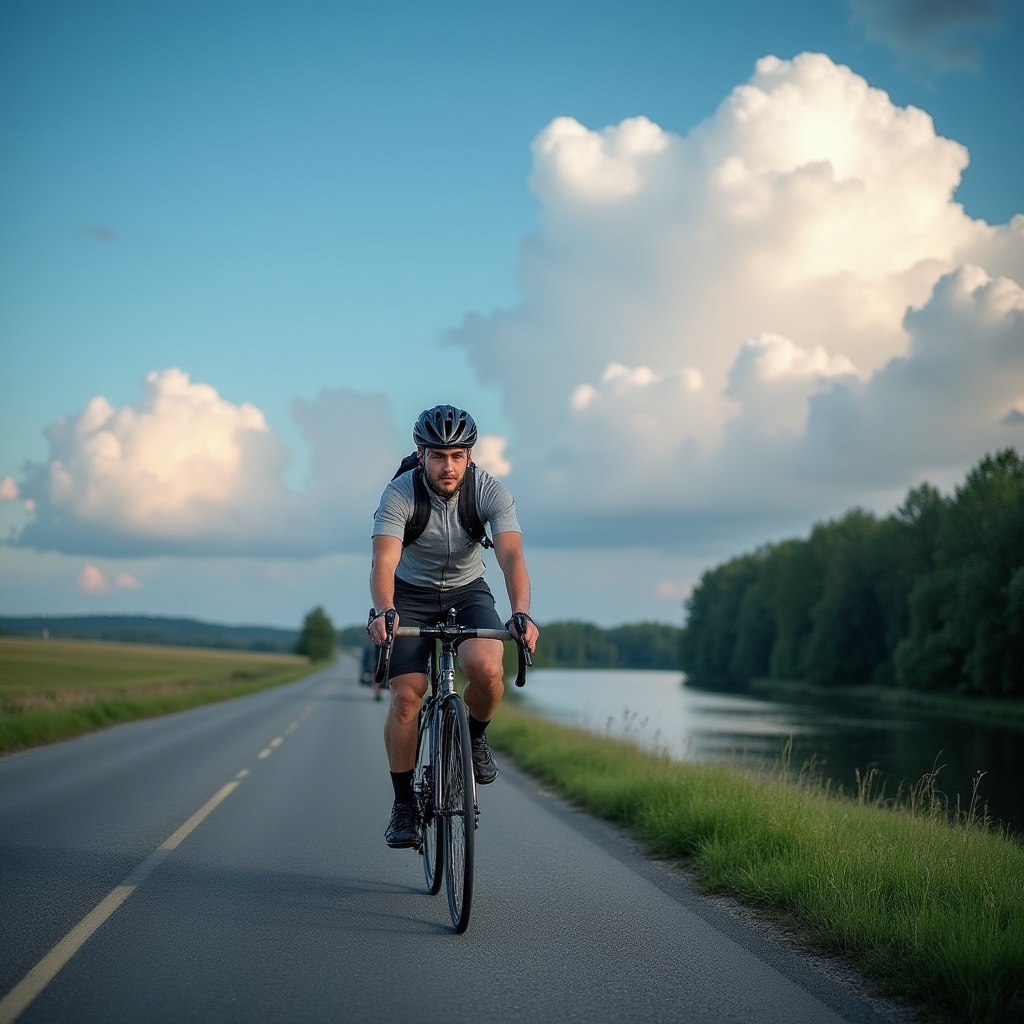 Cyclist riding along a quiet road through the Poznań Lakeland region on a clear day