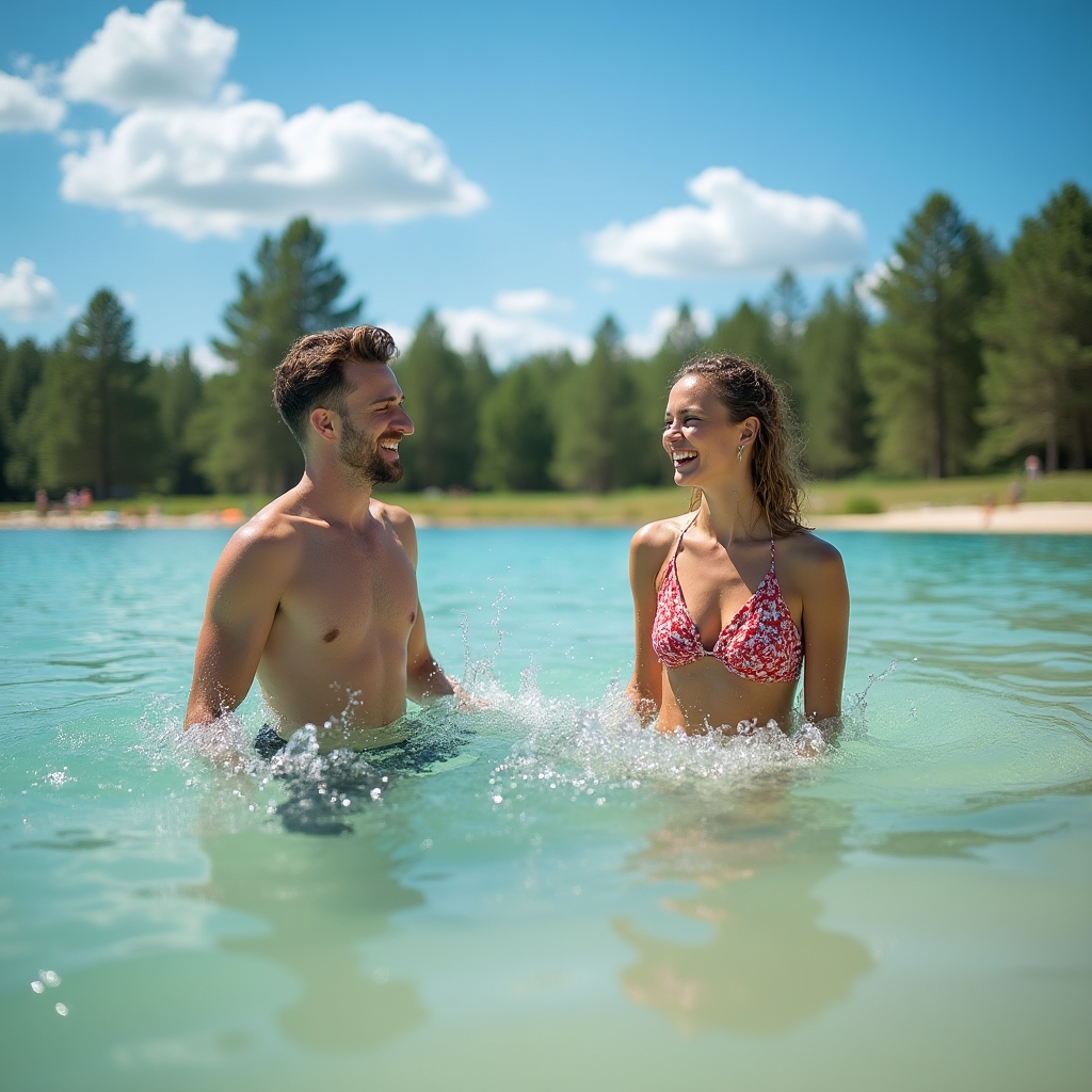 Clear blue lake near Poznań with sandy shore and swimmers on a sunny summer day