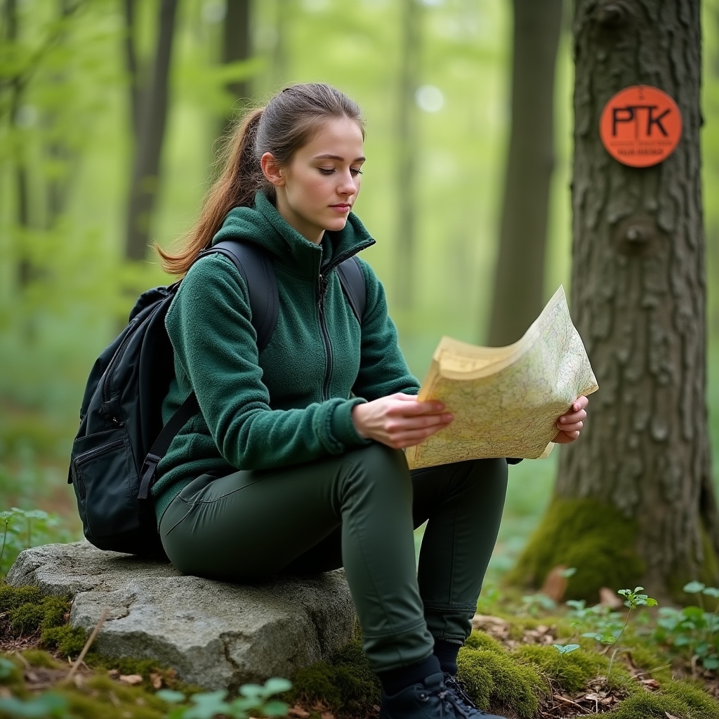 Person studying a paper trail map outdoors in a forest, planning a hiking route