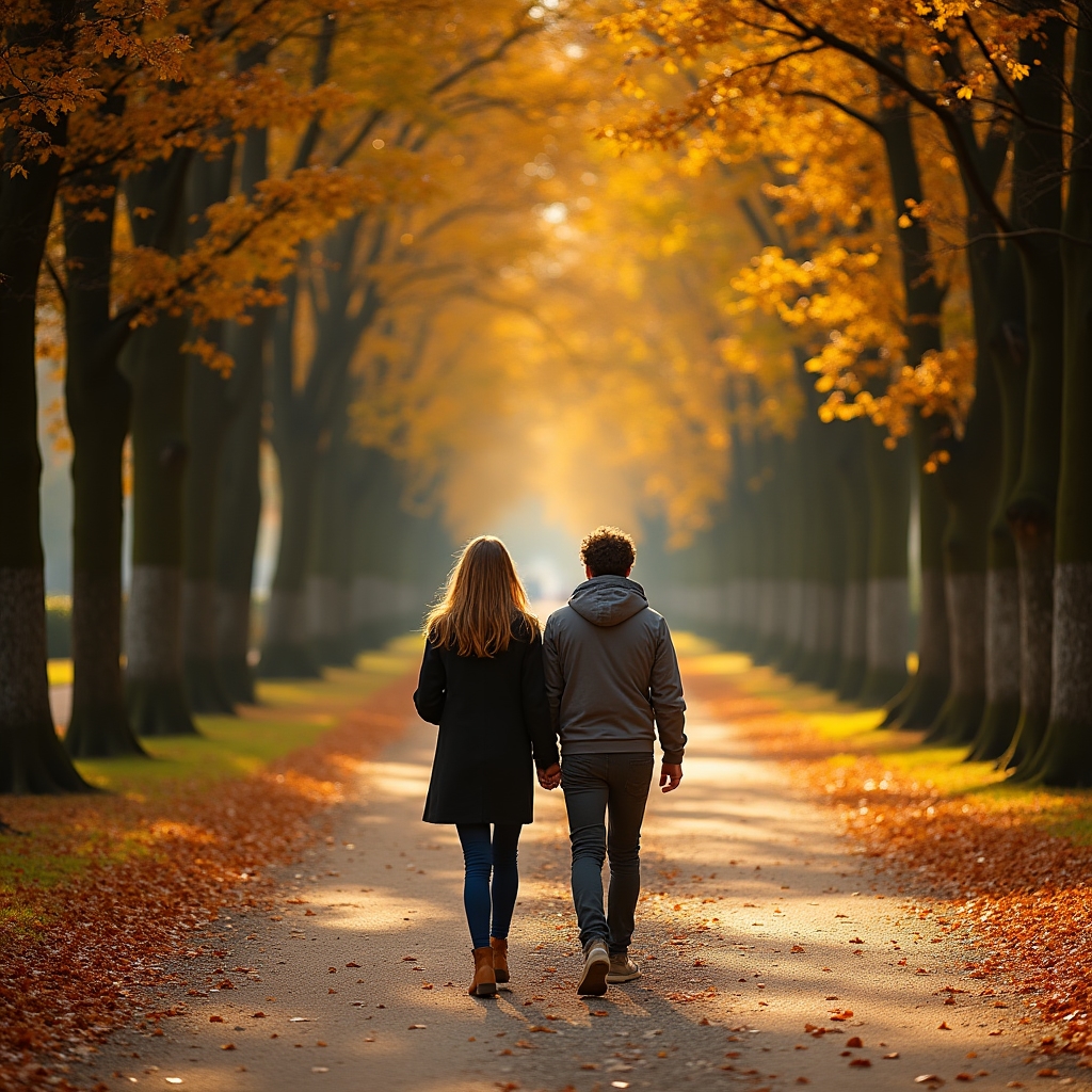 Autumn forest path in a park near Wrocław with golden leaves on the ground