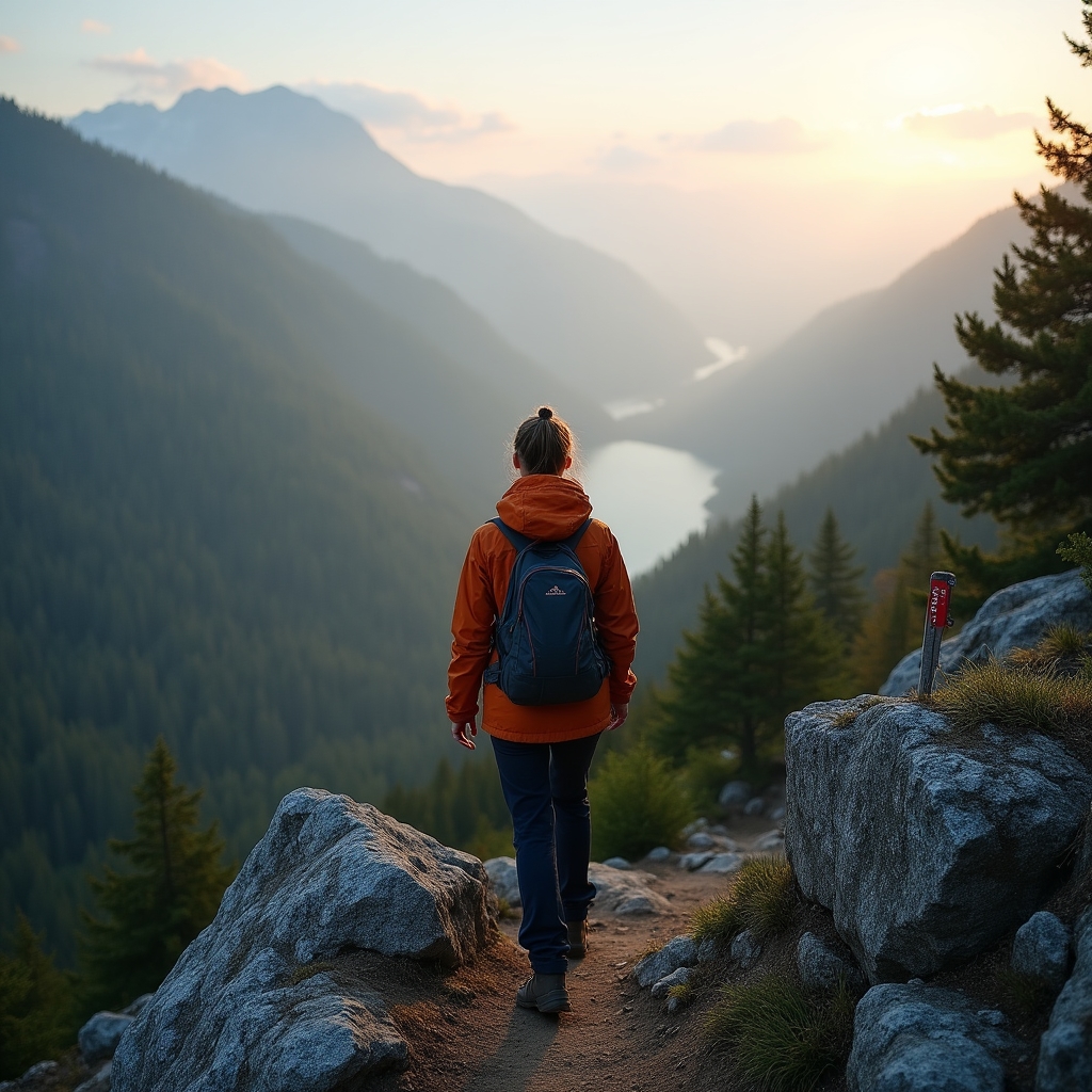 Hiker on a misty mountain trail in the Sudeten mountains accessible from Wrocław
